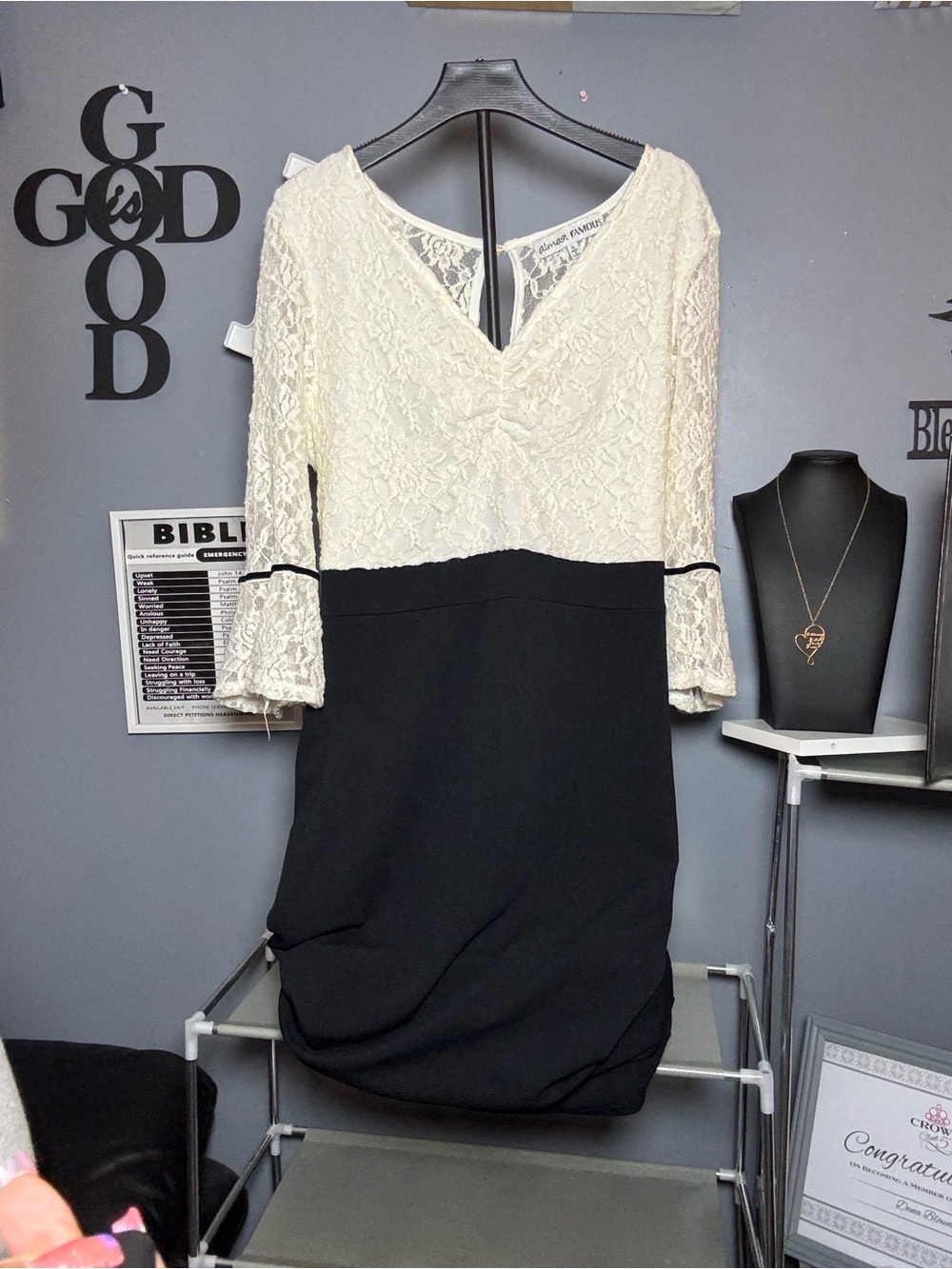 Almost Famous Cream Lace Bodice Black Skirt Long Sleeve Dress
